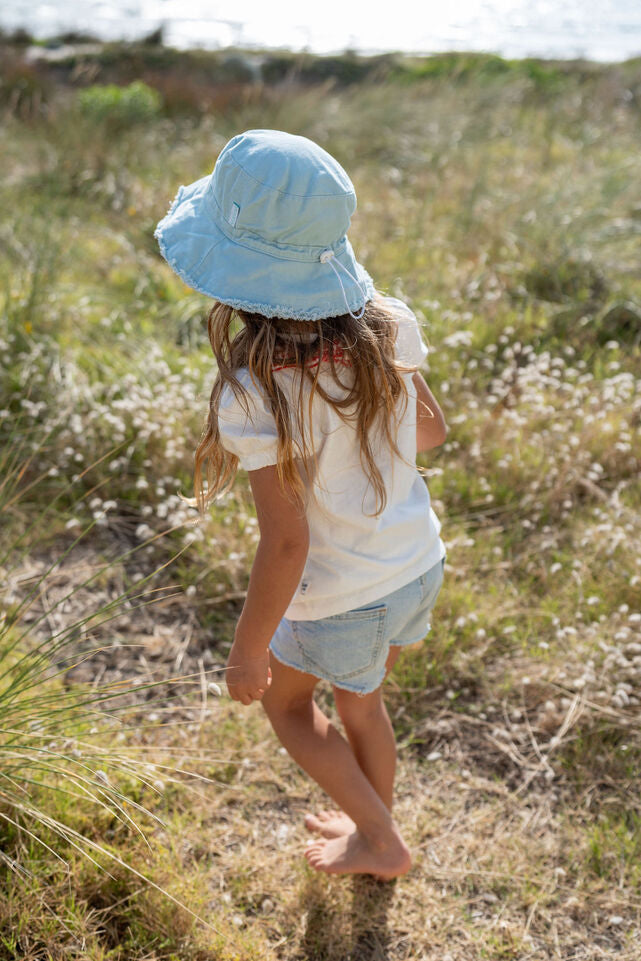 BACK VIEW OF GIRL WEARING ACORN Frayed Bucket Hat - Seafoam