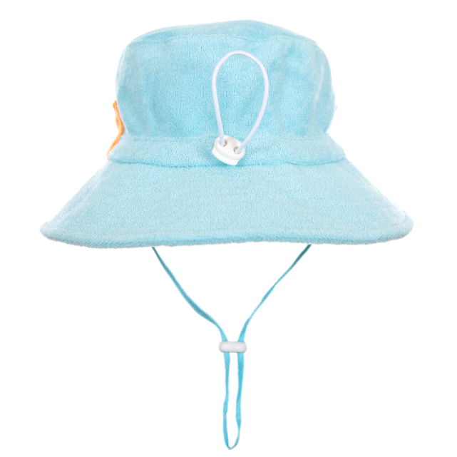 Light blue bucket hat with a strap on a white background