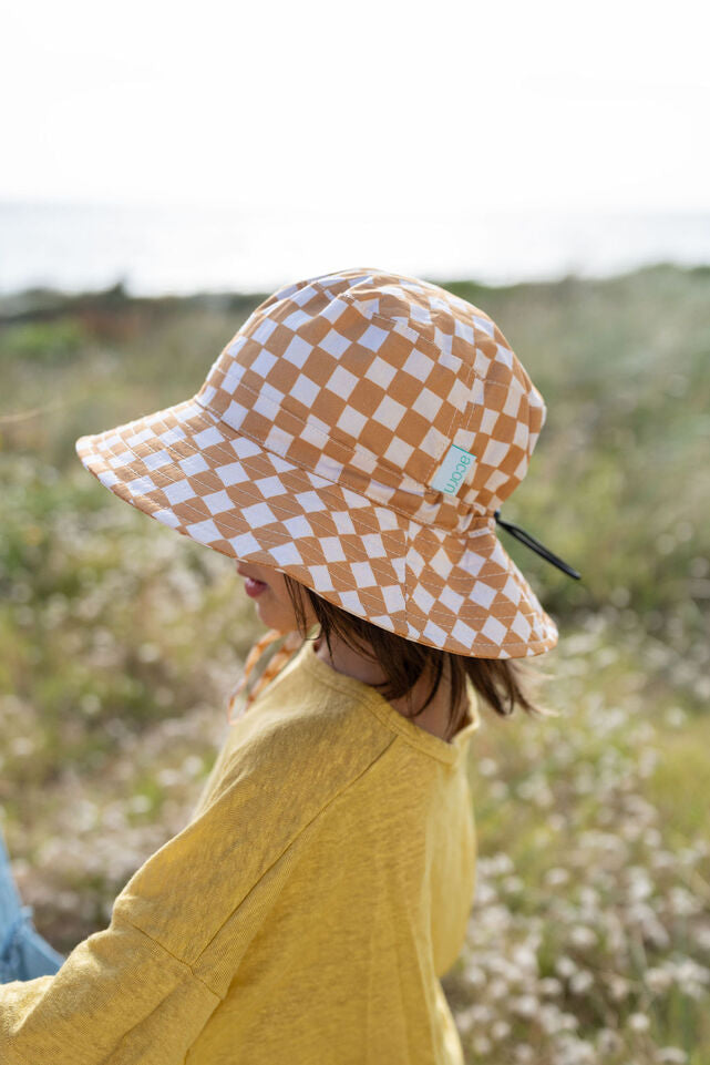 CHILD WEARING ACORN Checkmate Wide Brim Bucket Hat SIDE VIEW