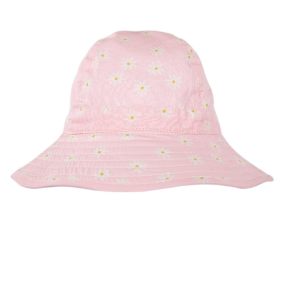 Pink bucket hat with floral pattern on a white background