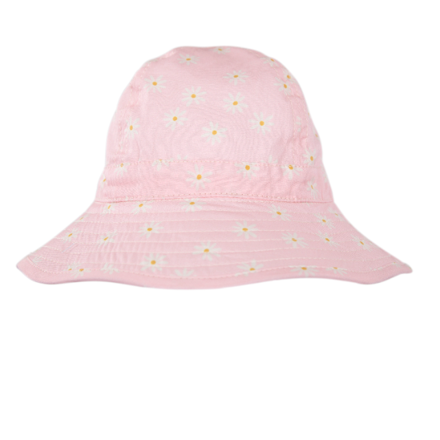 Pink bucket hat with floral pattern on a white background