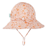 Back view of floral patterned sun hat with a strap on a white background
