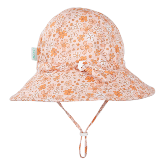 Back view of floral patterned sun hat with a strap on a white background