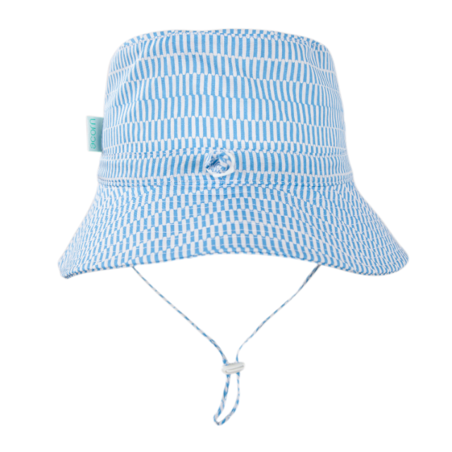 Back view of Blue and white checkered bucket hat on a white background - showing head adjuster strap and toggle