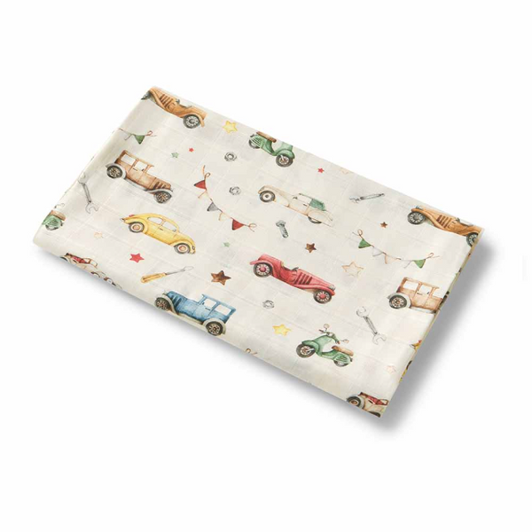 Fabric with vintage car pattern on a white background
