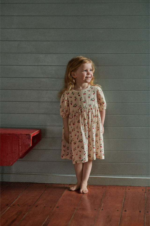 Young girl in a strawberry dress standing against a gray wall with a red shelf.