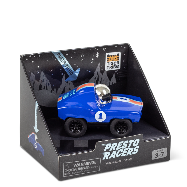 Angle view of TIGER TRIBE Presto Racers - Jet (blue) in packaging