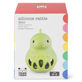 Green dinosaur silicone rattle toy in packaging with Tiger Tribe branding