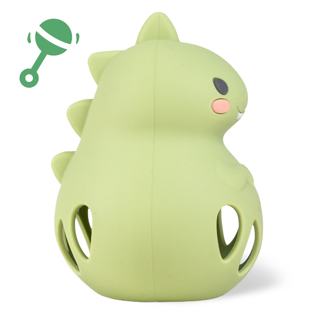 Side view of a Green dinosaur toy with a baby rattle icon on a white background