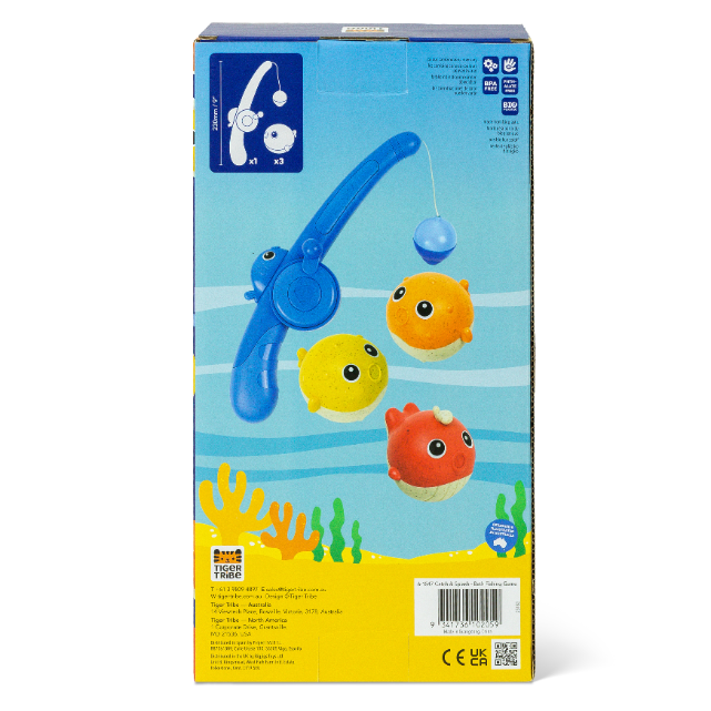Toy fishing set packaging with blue rod, colorful fish, and ocean design on a blue and yellow background.