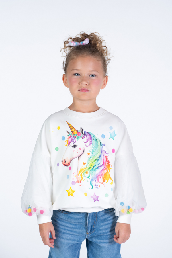 Girl wearing ROCK YOUR BABY Unicorn Tulle Sleeve Sweatshirt
