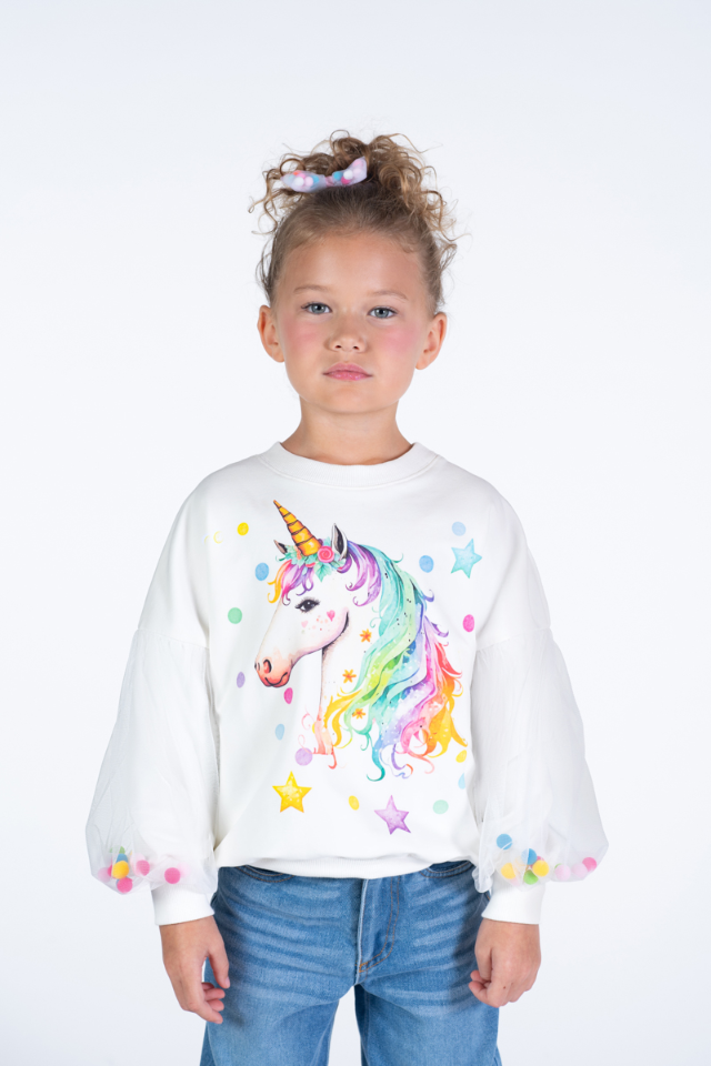 Girl wearing ROCK YOUR BABY Unicorn Tulle Sleeve Sweatshirt