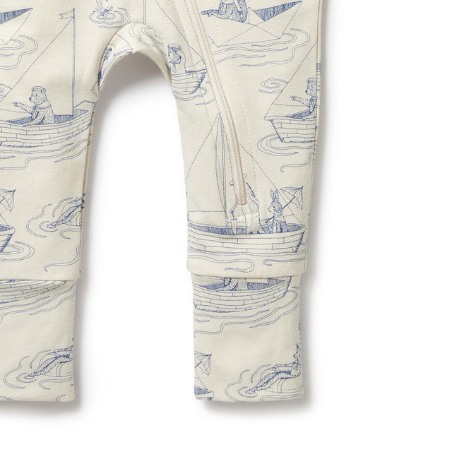 Detail view of zip leg WILSON + FRENCHY Sail Away Organic Zipsuit with Feet