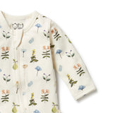 Detailed view of zip and neckline of WILSON + FRENCHY Petit Garden Organic Zipsuit with Feet