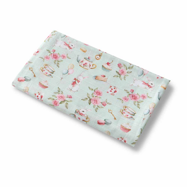 Floral patterned fabric on a light blue background