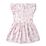 Back view of floral dress with ruffled sleeves on a white background
