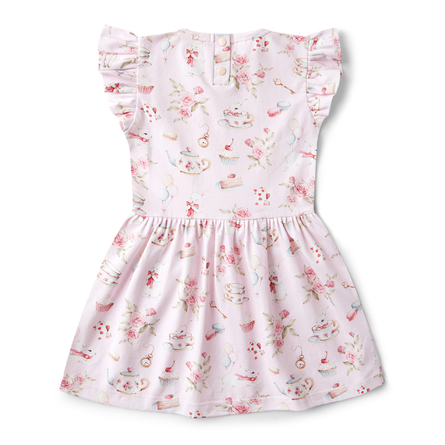 Back view of floral dress with ruffled sleeves on a white background