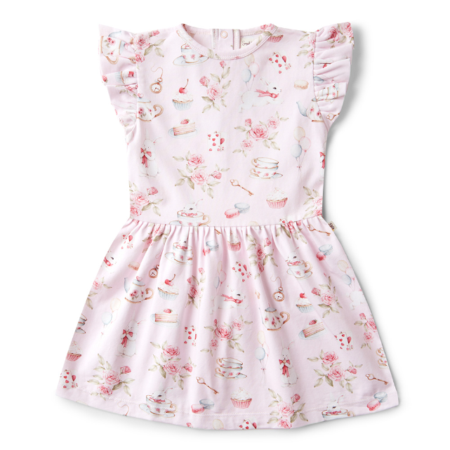 Floral dress with ruffled sleeves on a white background