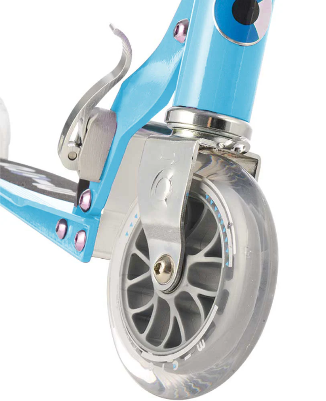 Close-up of a blue scooter with a wheel on a white background