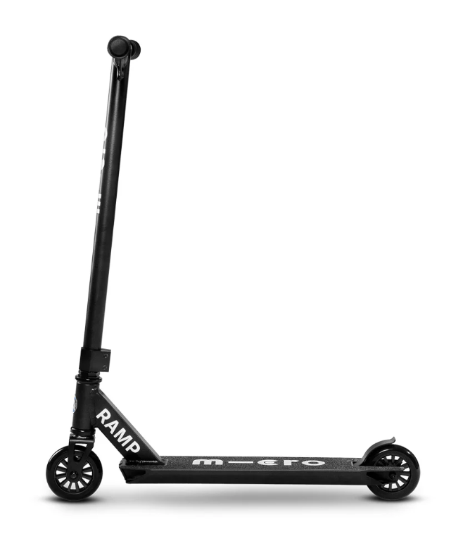 Black scooter with 'RAMP' and 'micro' branding on a white background