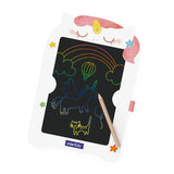 Black LCD board with colourful drawings of a rainbow, unicorn, and cat, accompanied by a pencil on a white background.