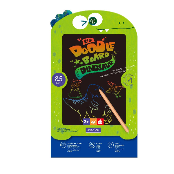 Dinosaur-themed LED doodle board packaging with a pencil on a white background