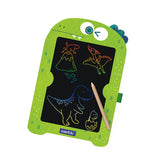 Green children's drawing board with dinosaur drawings on a white background