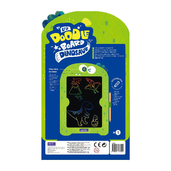 Doodle board dinosaur packaging with green and blue design