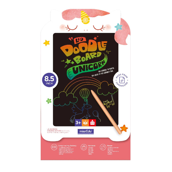 MierEdu Doodle Board Unicorn packaging with an LCD board and wooden stylus on a white background