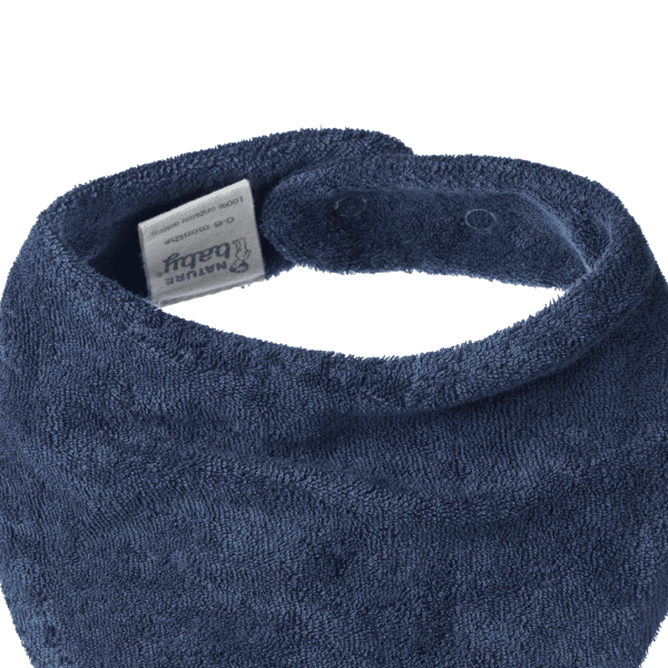 Blue bib with a brand label on a white background