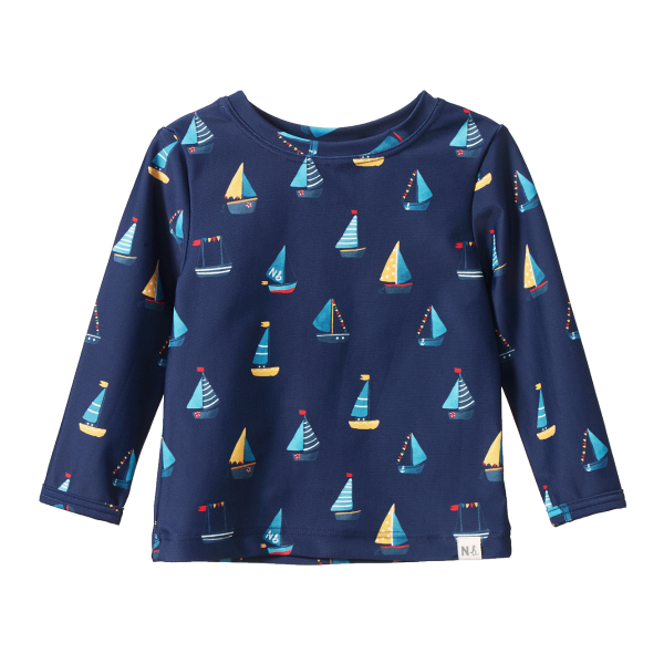 Navy long-sleeve rash vest with sailboat pattern on a white background