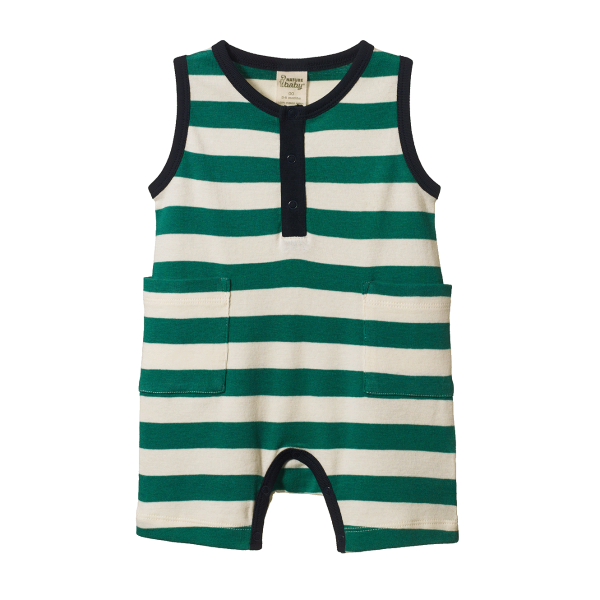 Green and white striped romper with black trim on a white background