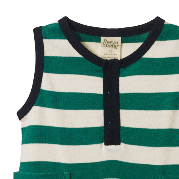 Green and white striped baby romper with black trim on a white background