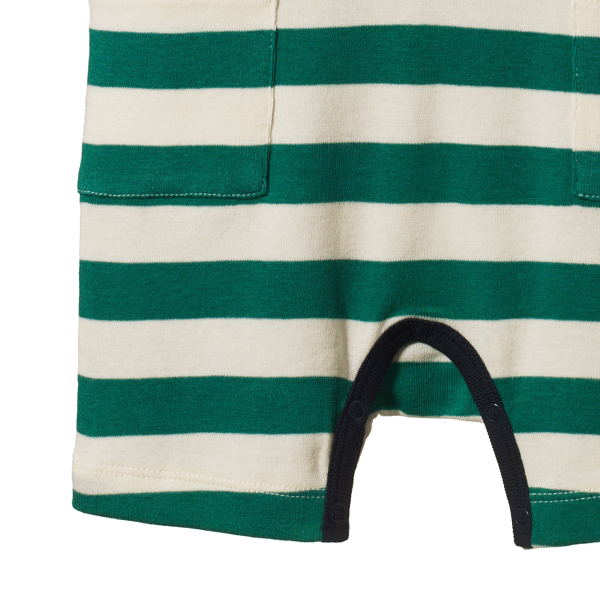 Close-up of green and white striped romper with a pocket on a white background