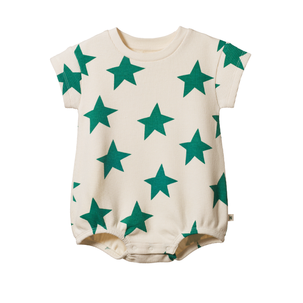 Baby romper with green star pattern on a white background