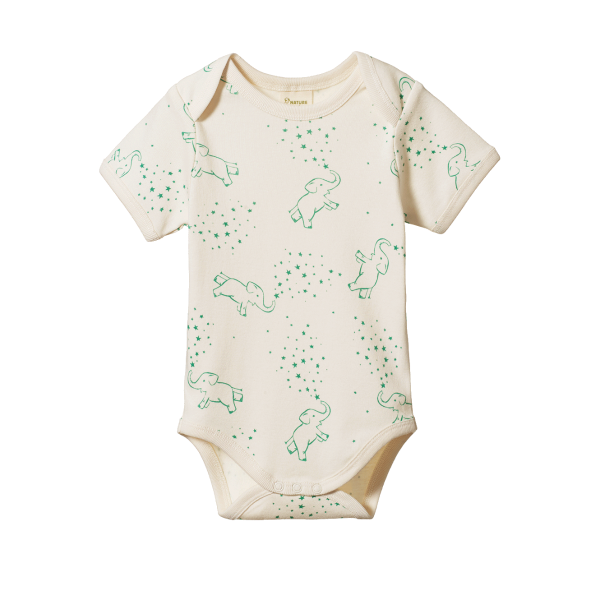 Baby onesie with green elephant pattern on a white background
