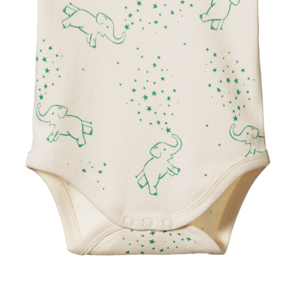 Beige baby onesie with green elephant pattern on a white background