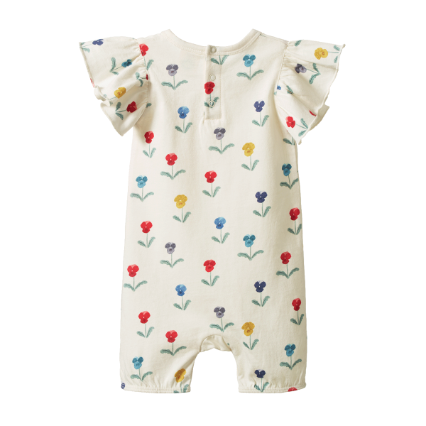 Back view of Baby romper with floral pattern on a white background