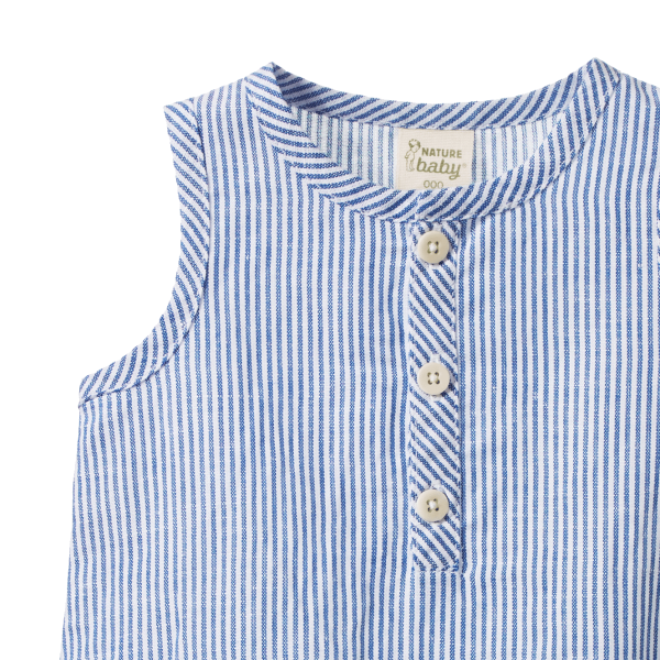 Blue and white striped baby outfit with buttons on a white background