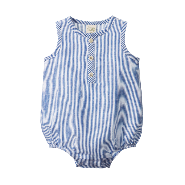 Blue and white striped baby romper with buttons on a white background