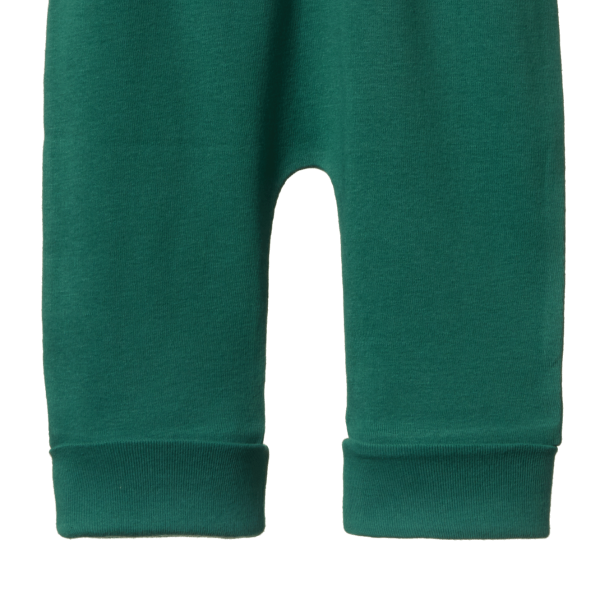 Green baby pants with rolled cuffs on a white background