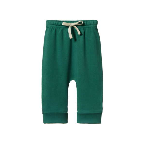 Green baby pants with a beige drawstring on a white background