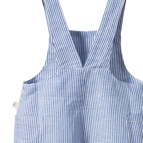 Back view of Blue and white striped overalls on a white background