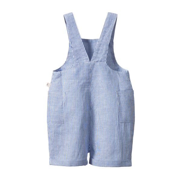 Back view of Blue and white striped overalls on a white background
