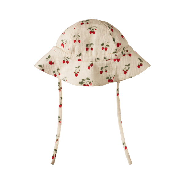 Children's sun hat with strawberry pattern on a white background