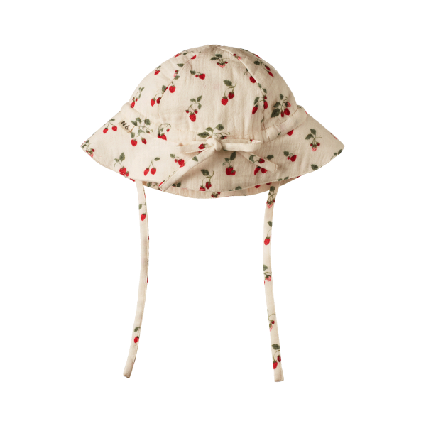 Strawberry patterned baby sun hat on a white background