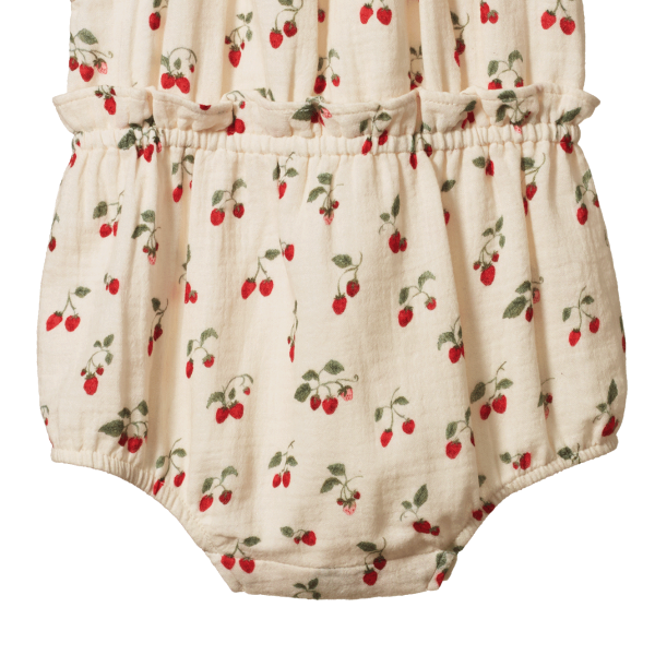Bottom half of Baby romper with strawberry pattern on a white background
