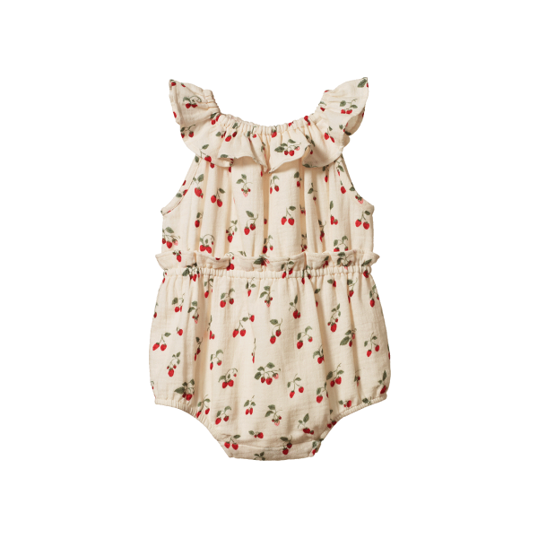 Baby romper with strawberry pattern on a white background