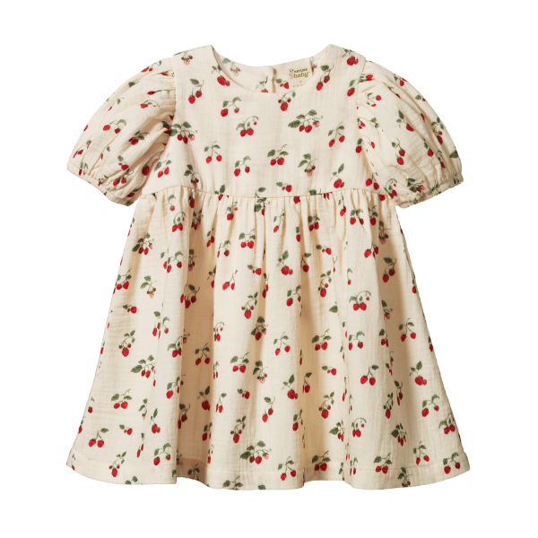 Beige dress with strawberry pattern on a white background