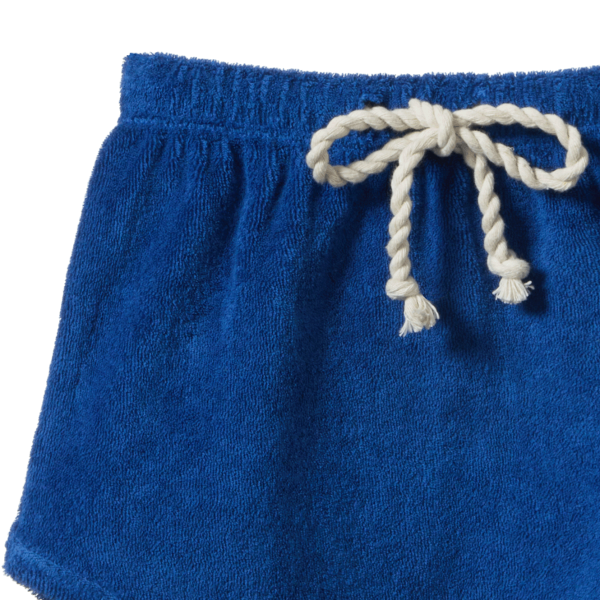Blue shorts with a white drawstring on a white background
